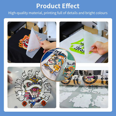 DTF Transfer Film Roll 8.3 Inch By 328 Feet Double Sided Glossy Clear Pre Treated PET Heat Transfer Paper demonstrating use on textiles.
