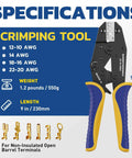 Pro Grade Crimping Tool For Non Insulated Open Barrel Terminals And Receptacles Ratchet Wire Crimper For AWG 22 To 10 Easy Precise Crimp With Shell Safe Indentation HS 5327 specifications display.