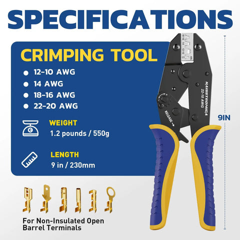 Pro Grade Crimping Tool For Non Insulated Open Barrel Terminals And Receptacles Ratchet Wire Crimper For AWG 22 To 10 Easy Precise Crimp With Shell Safe Indentation HS 5327 specifications display.