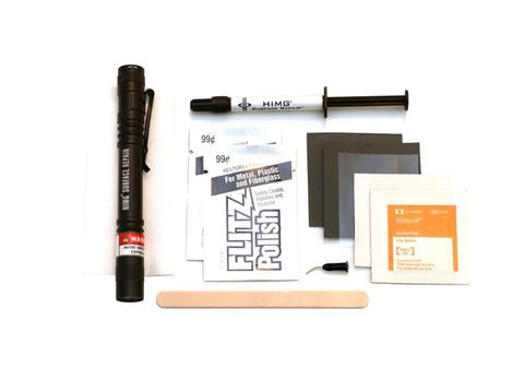 Bathtub And Shower Pan Repair Kit For Kohler White Non Toxic Fume Free Safe To Apply Fast And Easy To Use With High Output LED Light Perfect For Touch Ups tools and materials laid out.