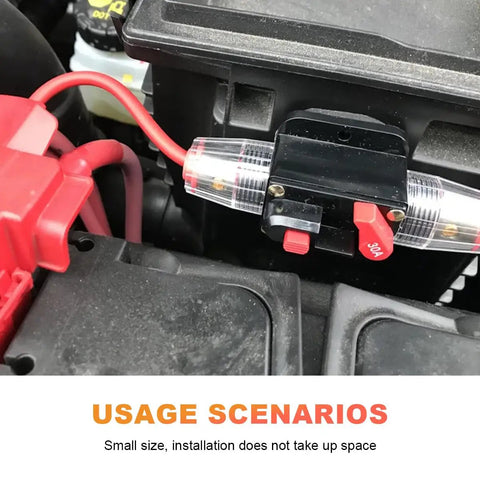 Built Tough 80 Amp Inline Circuit Breaker With Manual Reset Switch For 12V To 48V DC Car Stereo Marine Audio Systems installed in vehicle engine compartment.