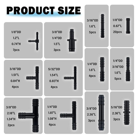 Various nylon fittings from Pro Grade Silicone Vacuum Hose Kit For Auto Repairs With Six Diameters From One Eighth To Three Eighths Inch