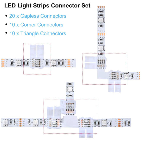 LED Strip Lights Connectors Kit 40 Pieces L Shape T Shape 4 Pin Solderless Adapters For 5050 RGB White Strips shown with connectors