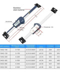 Stainless Steel Horizontal Linear Scale Type Digital Caliper showing measurement features and range in mm and inch.