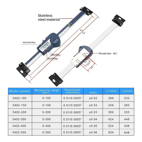 Stainless Steel Horizontal Linear Scale Type Digital Caliper showing measurement features and range in mm and inch.