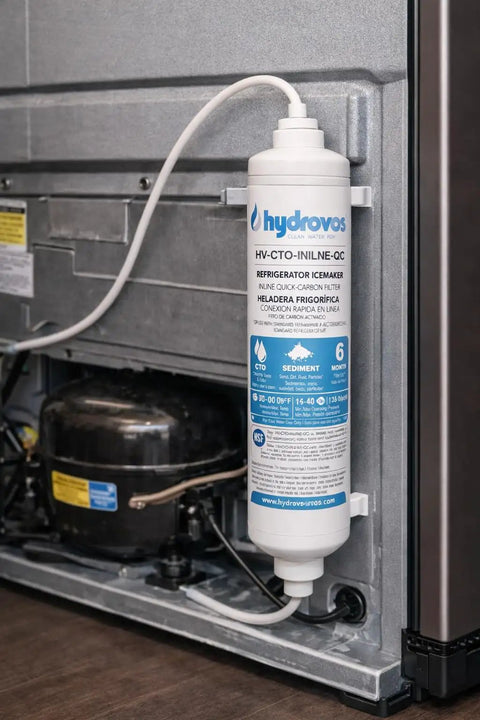 10 Inch Inline Carbon Water Filter For Refrigerator And Ice Maker With Slick 1 4 Inch Quick Connect Nips installed behind a fridge.