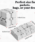 Infinity Cube Fidget Desk Accessory For Adults All Day Focus Tool With Premium Aluminum Alloy Carrying Case shown in dimensions 1.45in and 2.95in sizes.