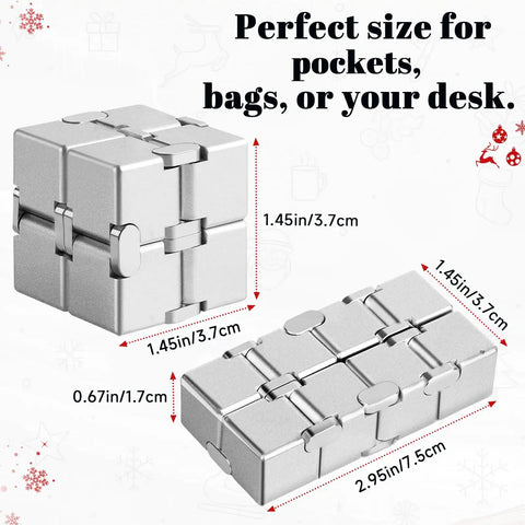 Infinity Cube Fidget Desk Accessory For Adults All Day Focus Tool With Premium Aluminum Alloy Carrying Case shown in dimensions 1.45in and 2.95in sizes.