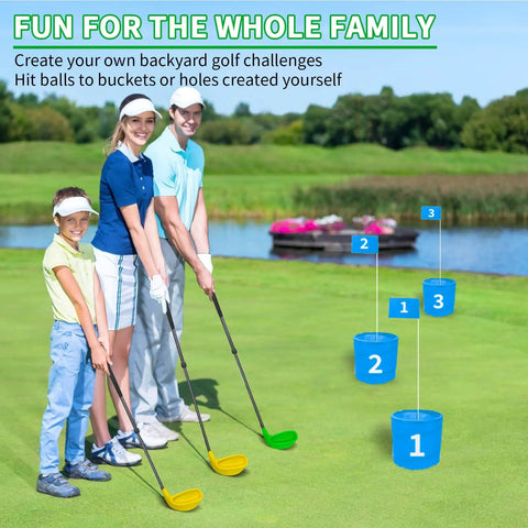 Family playing golf outdoors with Two Pack Adjustable Golf Club Set 23 To 39.5 Inch Length For Backyard Golf Fun Chipper