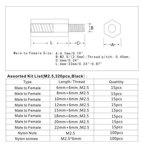 Diagram and kit list for 320 Piece M2.5 Nylon Hex Spacer Standoff Kit With Screws And Nuts In Black For DIYers And Makers.