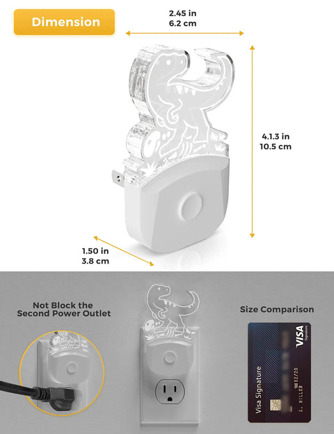 Dinosaur Night Light For Kids And Boys Plug In LED Nightlight With Dusk To Dawn Sensor Three Lighting Modes RGB Color Changing Plus Soft White 3000K dimensions shown next to credit card for size comparison.