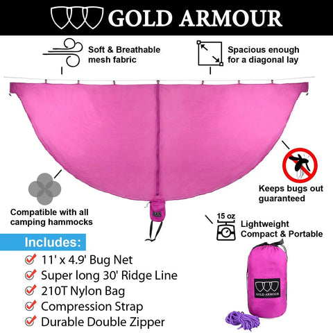 Premium Hammock Mosquito Net For Camping That Breathes Easy And Keeps Bugs Out, featuring pink spacious mesh with accessories