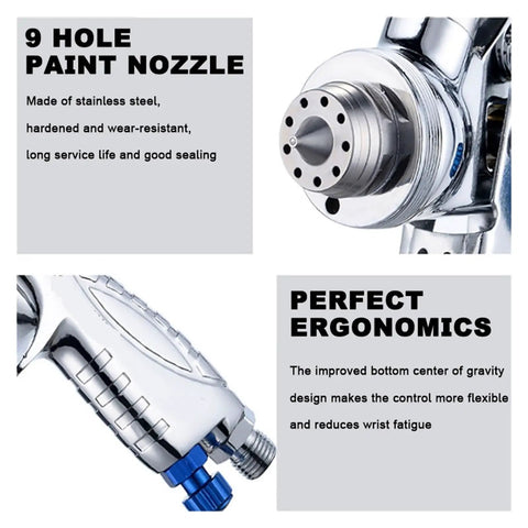 High Atomizing Paint Sprayer With Slick Stainless Steel Nozzle For Cars And Furniture showing 9 hole nozzle and ergonomic trigger design.