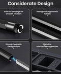 Design features of 38 In 1 Precision Screwdriver Set: built-in bearings, hexagonal handle, magnetic device, and demagnetizer.