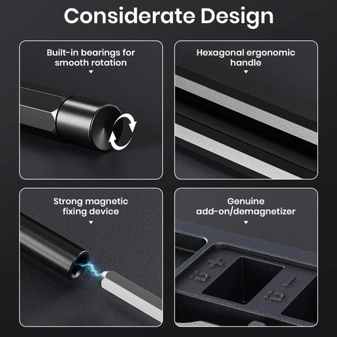 Design features of 38 In 1 Precision Screwdriver Set: built-in bearings, hexagonal handle, magnetic device, and demagnetizer.