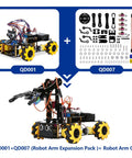 Front view of ACEBOTT Robot Arm Expansion Pack: QD001 car kit plus QD007 parts, with assembled robot arm car.