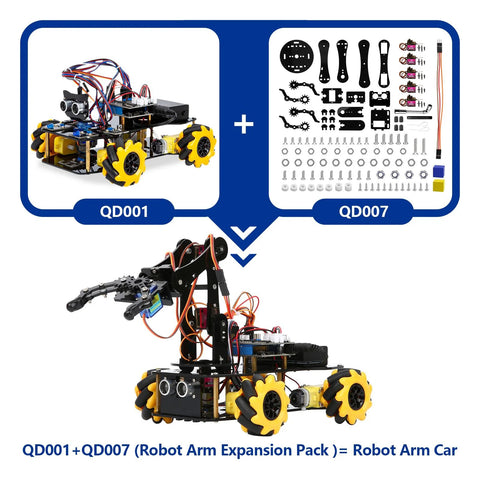 Front view of ACEBOTT Robot Arm Expansion Pack: QD001 car kit plus QD007 parts, with assembled robot arm car.