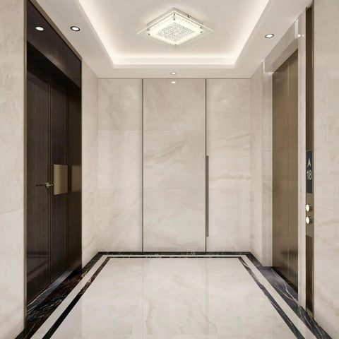 11 Inch LED Ceiling Light Fixture Flush Mount With Crystal Design For Bedroom Living Room Hallway And Entryway Modern Energy Saving Ceiling Lamp Ideal For Eco Friendly Homes With Lit Crystal Glow And Soft White Illumination in a modern hallway.