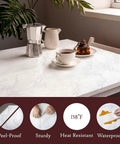 Marble Look Premium Peel And Stick Contact Paper Vinyl on table with coffee, highlighting waterproof feature.