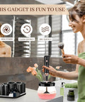 Electric Makeup Brush Cleaner And Dryer Machine For Quick Clean And Dry Makeup Brushes Automatic Cosmetic Brush Spinner Washer Is A Game Changer For Busy Mornings Fast Hands Free Cleaning And Drying being used by woman