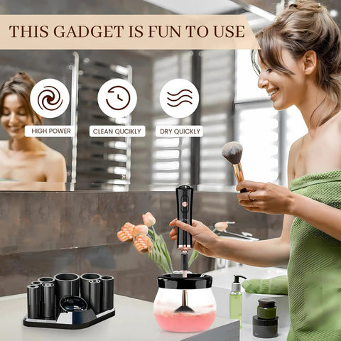 Electric Makeup Brush Cleaner And Dryer Machine For Quick Clean And Dry Makeup Brushes Automatic Cosmetic Brush Spinner Washer Is A Game Changer For Busy Mornings Fast Hands Free Cleaning And Drying being used by woman