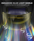 Close-up of Pro Grade Auto Darkening Welding Helmet with enhanced blue light shield, visualizing protection from harmful light.