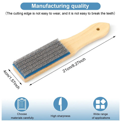 8-inch steel file card brush with wooden handle, part of 2 Piece Steel File Card Brush Set 8 Inch Abrasive Hand File Cleaner.