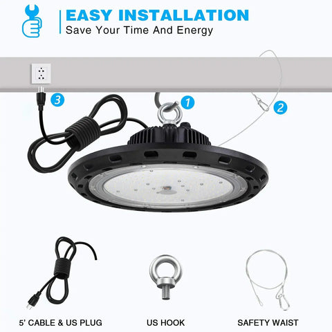 LED High Bay UFO Light 150W, 22,500 Lumens, 5000 Kelvin, UL Approved installation with 6 foot cable and plug
