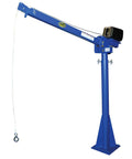 Heavy Duty Steel AC Powered Jib Crane With 2000 Lb Capacity And 52 To 87 Inch Adjustable Boom Reach, side view showing sturdy base and hook.
