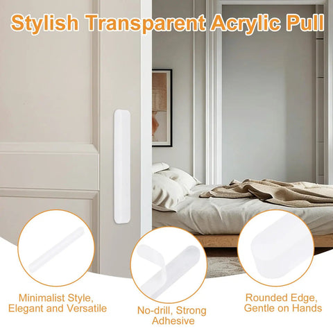 Acrylic Self Adhesive Push Pull Handles 4 Pack For Cabinets Drawers Dresser Glass Doors And Windows Matte Finish 110mm No Drill Easy Install Waterproof Durable With Strong Grip attached to a door.