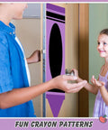 Purple crayon-themed blackout curtain on door, kid-friendly design for classroom, 2 Pack Crayon Blackout Curtains For Classrooms And Doors