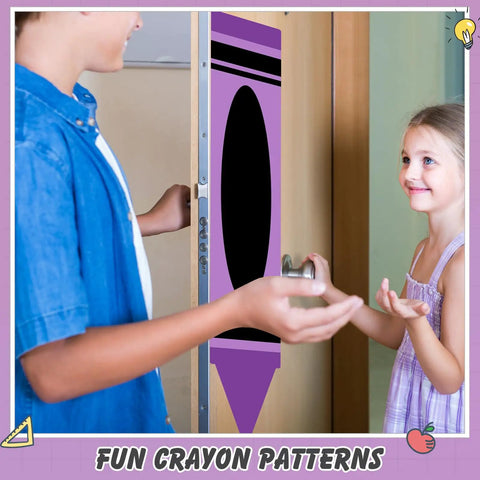 Purple crayon-themed blackout curtain on door, kid-friendly design for classroom, 2 Pack Crayon Blackout Curtains For Classrooms And Doors