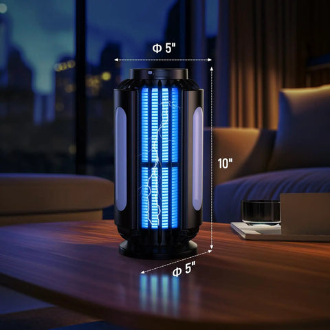 Cordless Bug Zapper For Patio And Camping Solar Powered Mosquito Zapper With LED Light Battery Operated shown indoors.
