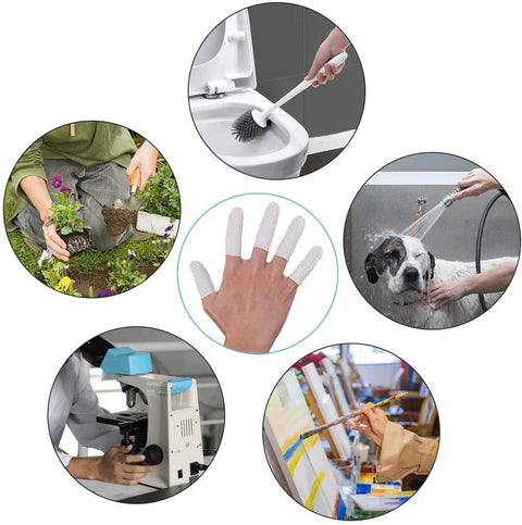Latex Finger Cots Disposable Medium Size Rolled Edge Protectors for Fingertips shown in various task uses