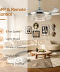 42 Inch Retractable Ceiling Fan With Bright Lights, Smooth App Controlled Crystal Chandelier in modern living room setup.