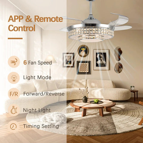 42 Inch Retractable Ceiling Fan With Bright Lights, Smooth App Controlled Crystal Chandelier in modern living room setup.