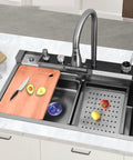 Smart Kitchen Sink with Digital Display, Dual Waterfall Design, Pull-Out Faucet, Pressurized Cup Washer for Modern Kitchens with cutting board and vegetables.