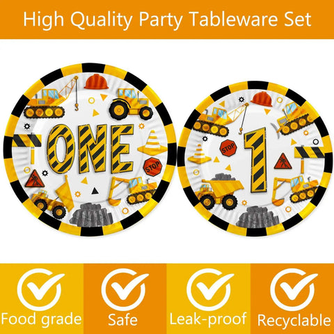 Construction Themed 1st Birthday Party Decor Dump Truck Dinnerware Set Includes Plates Napkins Cups Tablecloth Banner And More For Little Builders Im Digging Being 1st Birthday Party Supplies with plates featuring construction vehicles and number one design.