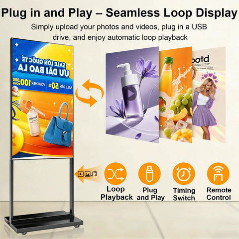 Crisp 55 Inch 4K Floor Standing Digital Signage Screen With Smooth Rolling Casters And Bright High Resolution Display showcasing promotional images.