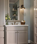Bathroom scene with Vintage Industrial Olde Bronze Two Light Bathroom Vanity Fixture With Wall Mount Over Mirror Lighting