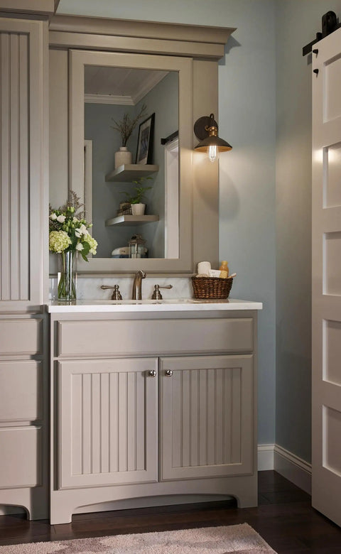 Bathroom scene with Vintage Industrial Olde Bronze Two Light Bathroom Vanity Fixture With Wall Mount Over Mirror Lighting
