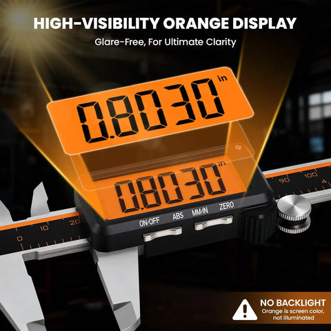 Rechargeable Digital Caliper With Large Orange Screen Anti Glare LCD 6 Inch Caliper Measuring Tool showing LCD display in MM