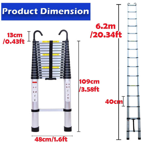 Telescoping Aluminum Ladder 20.3Ft Extension With Detachable Hooks EN131 Standard 330 Lb Load Capacity Adjustable Height In 15.7 Inch Increments Lightweight Built Like a Beast Portable Home Use Step Ladder For Ceiling Lights Painting And Hanging Decor, product dimensions shown