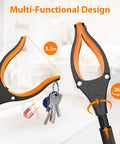 Front view of REWKCY 32-inch foldable grabber tool, 2-pack, orange and black with 360° rotating jaw and magnet.