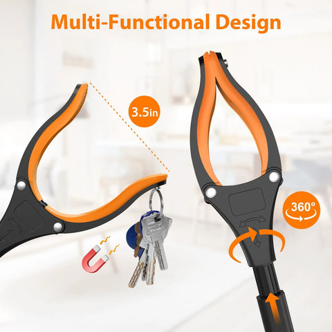 Front view of REWKCY 32-inch foldable grabber tool, 2-pack, orange and black with 360° rotating jaw and magnet.