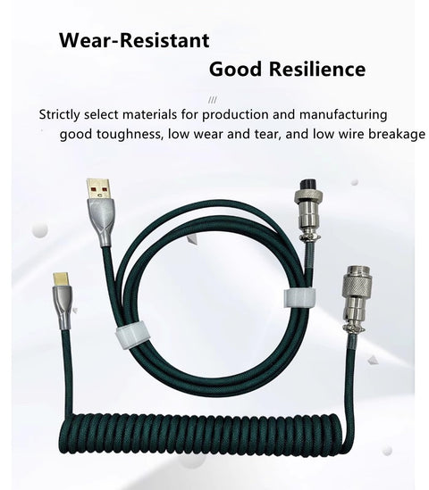 Pro Grade USB A To USB C Spiral Keyboard Cable 1.8M Dark Green Wear Resistant Braided Sheath Aviation Style Plug coiled cable