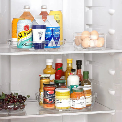 4 Pack Lazy Susan Organizer Set With Two 12 Inch High Edge Turntables in refrigerator holding drinks and condiments