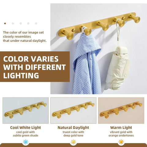 Five Hook Towel Rack In Brushed Dark Gold Stainless Steel, Wall Mount Bathroom Organizer, showing color variations in lighting