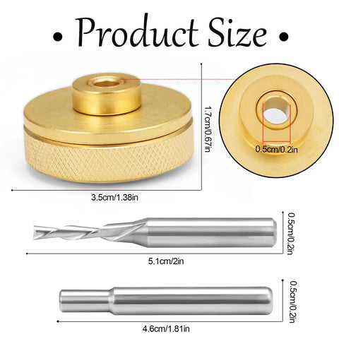 Product size details of Top Shelf Solid Brass Router Inlay Bushing Kit For Quarter Inch Templates, showcasing dimensions.