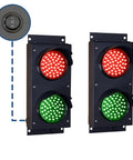 Set Of Two Built Like A Tank Red And Green LED Loading Dock Traffic Lights For Warehouse Docking Forklift And Truck Guidance Indoor Outdoor Use Mounting Brackets Included Ready To Roll with close-up of switch.